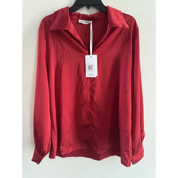 GRACE KARIN Satin Blouse Wide Lapel V Neck Long Sleeve NWT red XL classic office - Picture 5 of 12